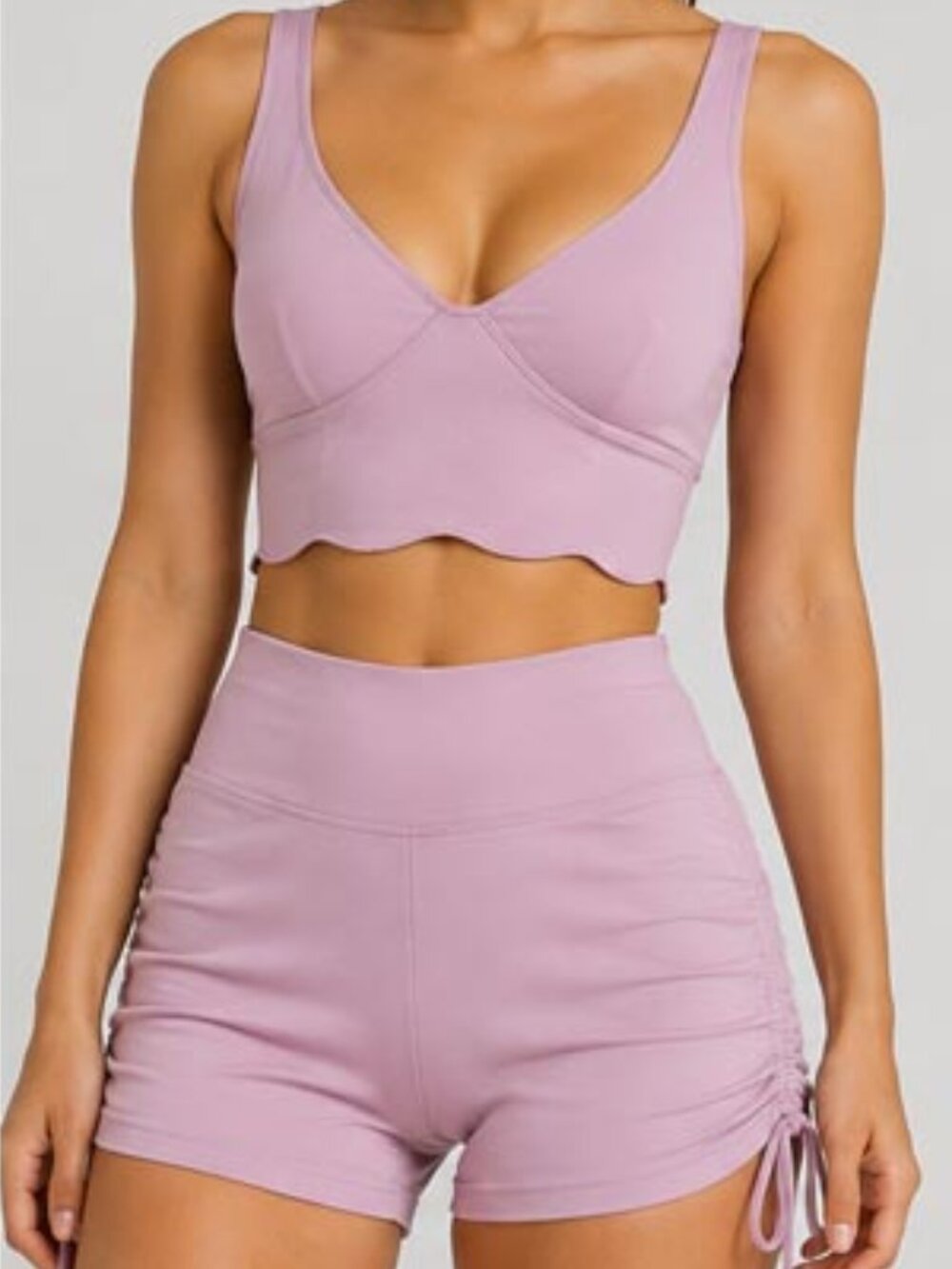Women’s Lilac Pink 2-Piece Activewear Set – Crop Top & Ruched Bike Shorts